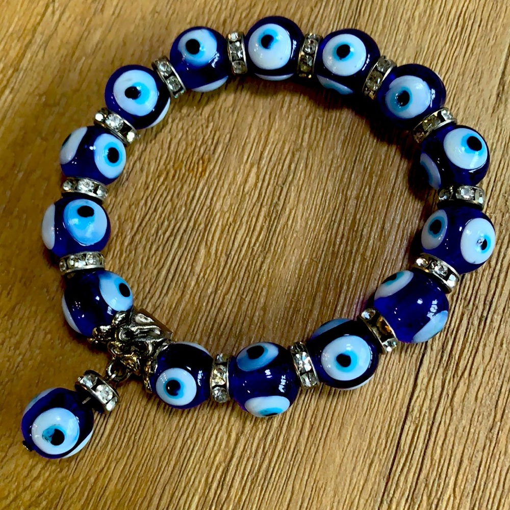 Large blue evil eye glass lampwork beads bracelet